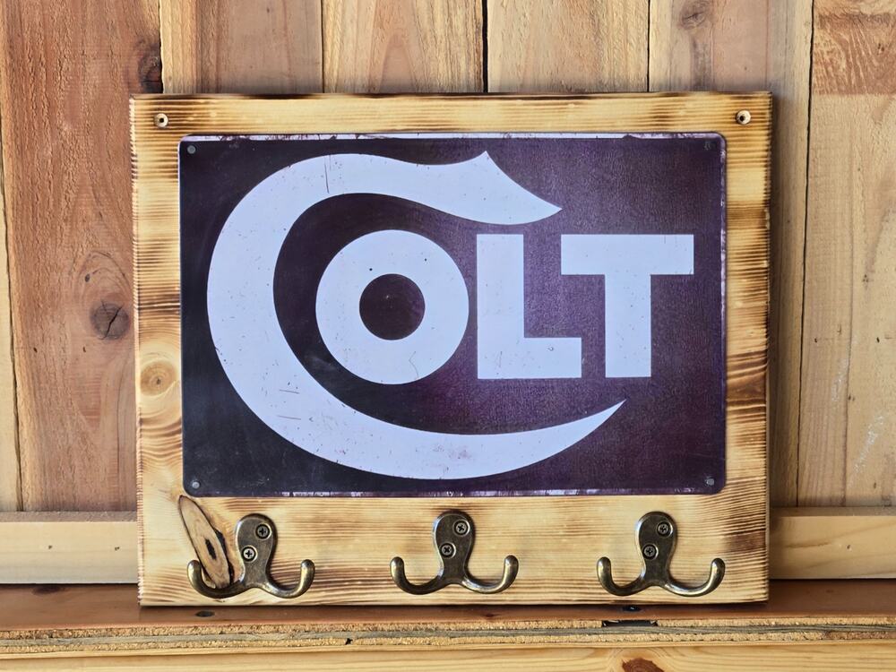Colt Wooden Sign/ Key Holder, Burnt Rustic Finish, 3 Double Hooks, New Handmade